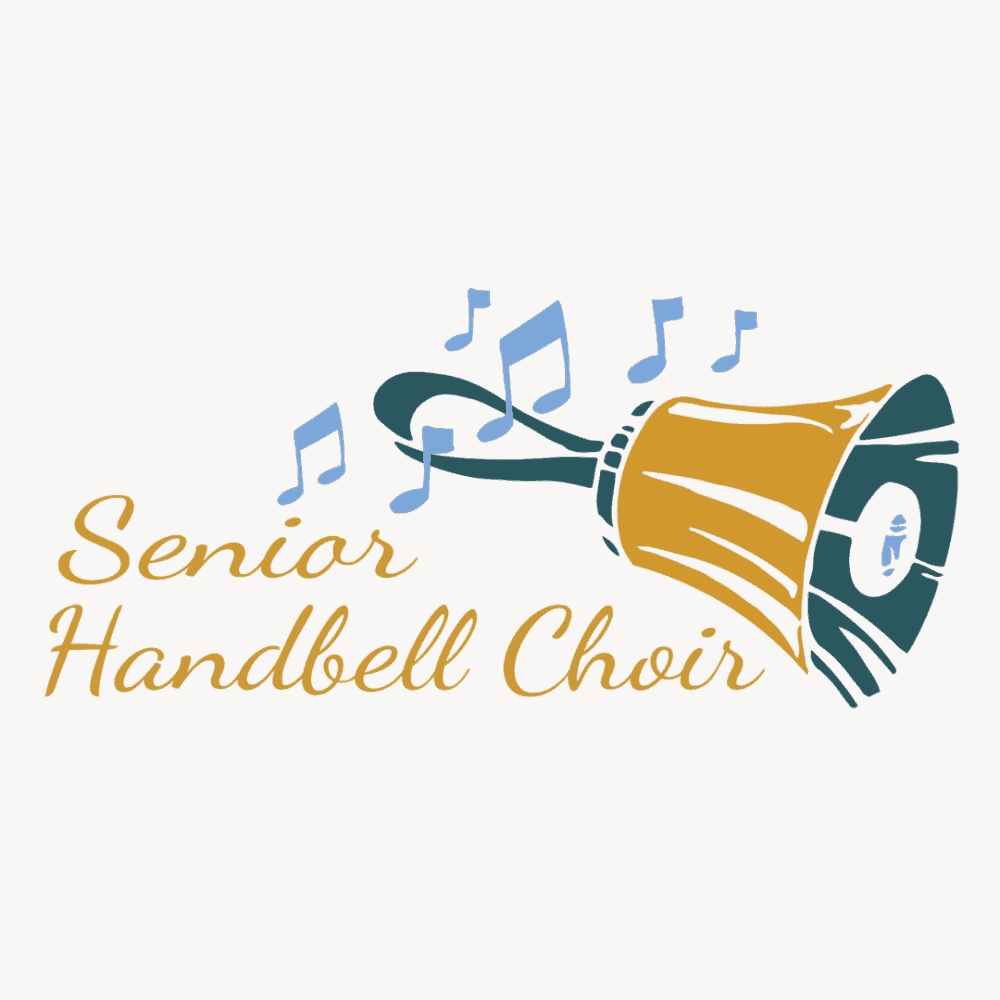 A clip-art image of a gold handbell with a dark teal handle and light blue music notes. In gold script lettering are the words "Senior Handbell Choir."