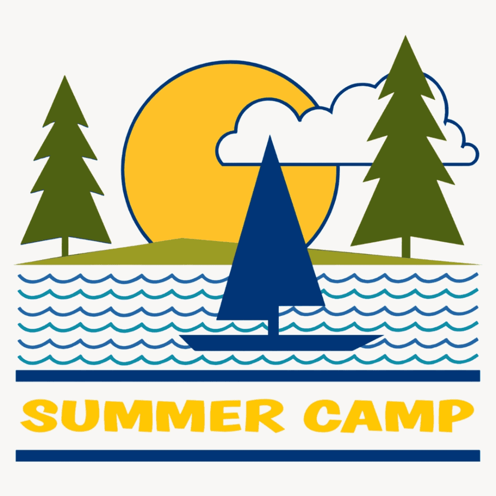 A clip-art image with a two olive green pine trees - one in each upper corner. In between them is a large golden yellow sun and a puffy white cloud. Below the trees are wavy teal blue lines to represent water. A royal blue sailboat sits on the water. Underneath are the words "Summer Camp" in golden yellow.