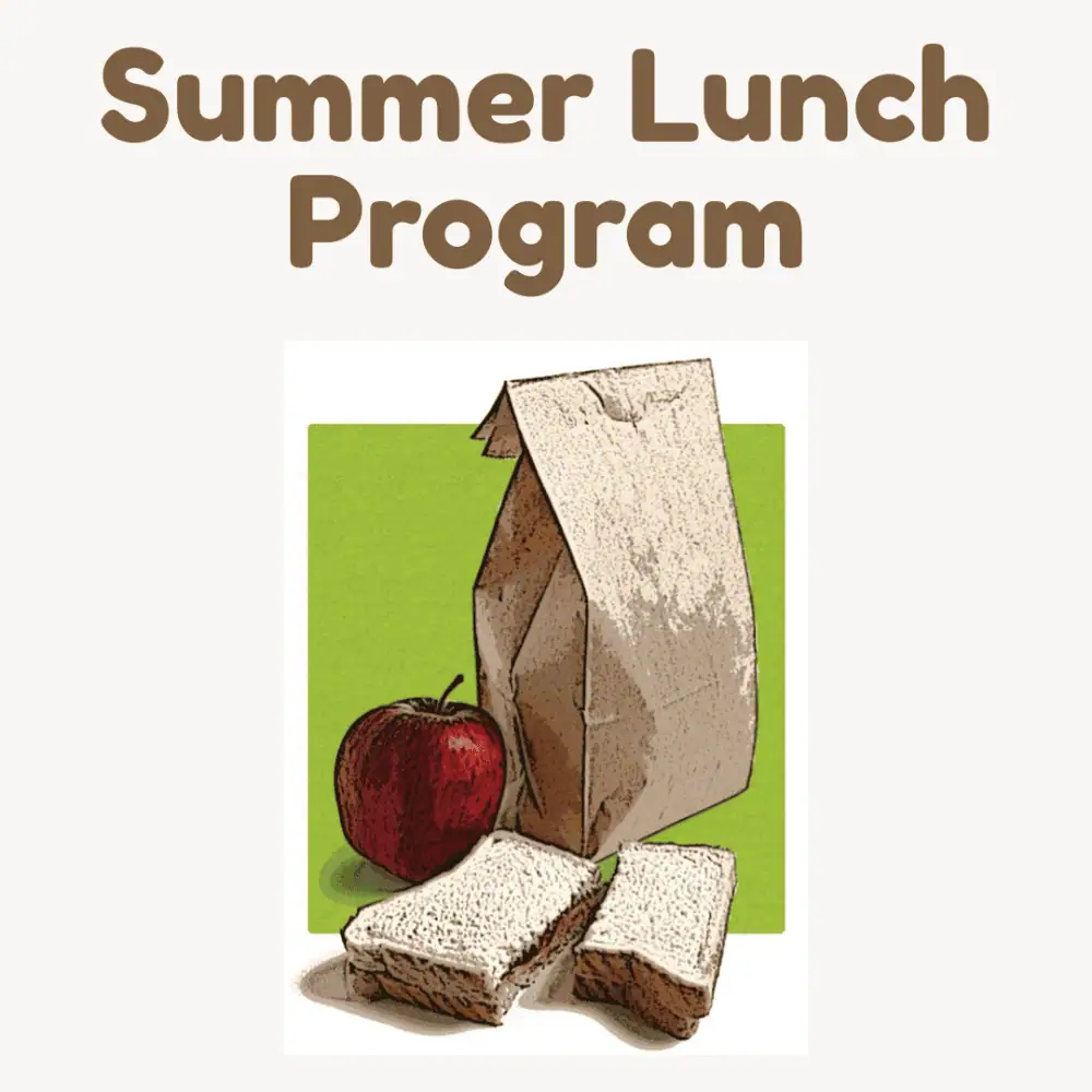 A clip-art image with the words "Summer Lunch Program" in a brown rounded sans serif font at the top. Underneath is a bright pea green box with stylized illustrations of a brown bag lunch with an apple and a sandwich which has been cut in half next to the bag.