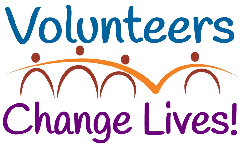 A clip-art image with the words "Volunteers Change Lives!" The words volunteers is azure blue and change lives are written in purple. In between the rows of words are abstract figures of people with an orange line weaved among them.