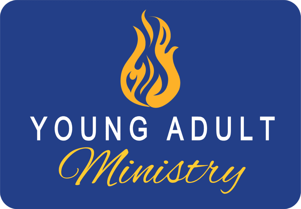 A dark royal blue rounded rectangle is the background for the words Young Adult Ministry. "Young Adult" is in white thin sans serif lettering and "Ministry" is in golden yellow script font. There is a golden yellow flame above the words.