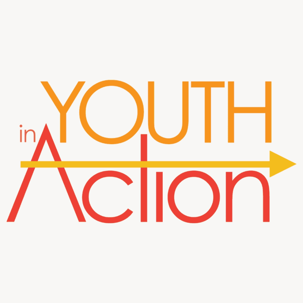 A clip-art image of the words "Youth In Action". The words "Youth in" are orange and the word "Action" is red. They are a thin sans serif font. Between the words is a long dark golden yellow arrow that crosses the capital A and t in action.