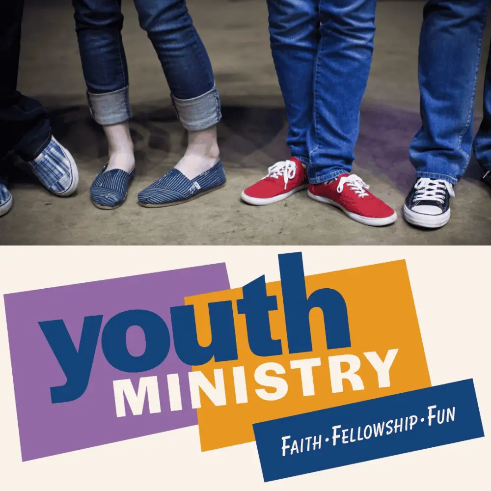 A clip-art image with a photo of four youth from the knees down showing jeans and their different shoes. Underneath are the words "Youth Ministry - Faith, Fellowship, Fun" on purple, orange, and navy backgrounds.