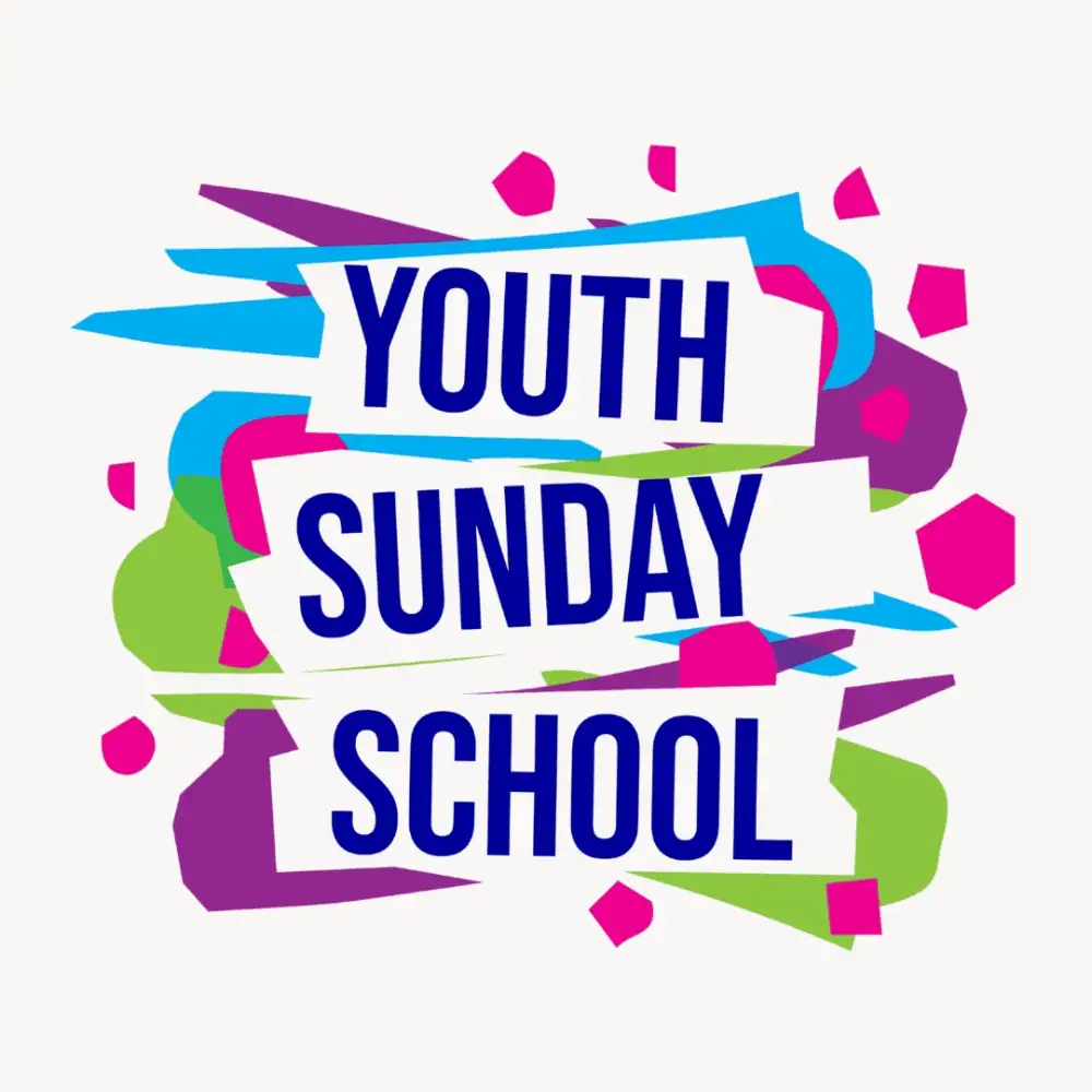 A clip-art image with the words "Youth Sunday School" in navy blue against splashes of hot pink, purple, lime green, and electric blue.